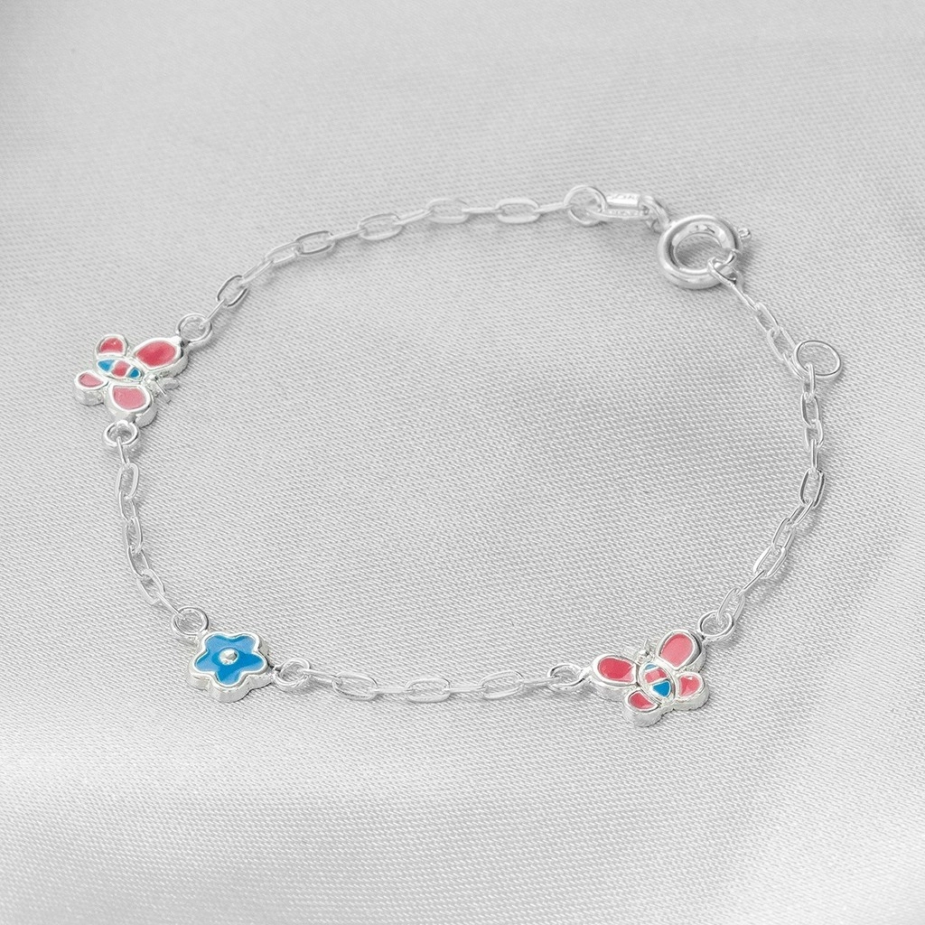 Pulseira de Prata Leve Infantil Esmaltada Borboleta e Flor