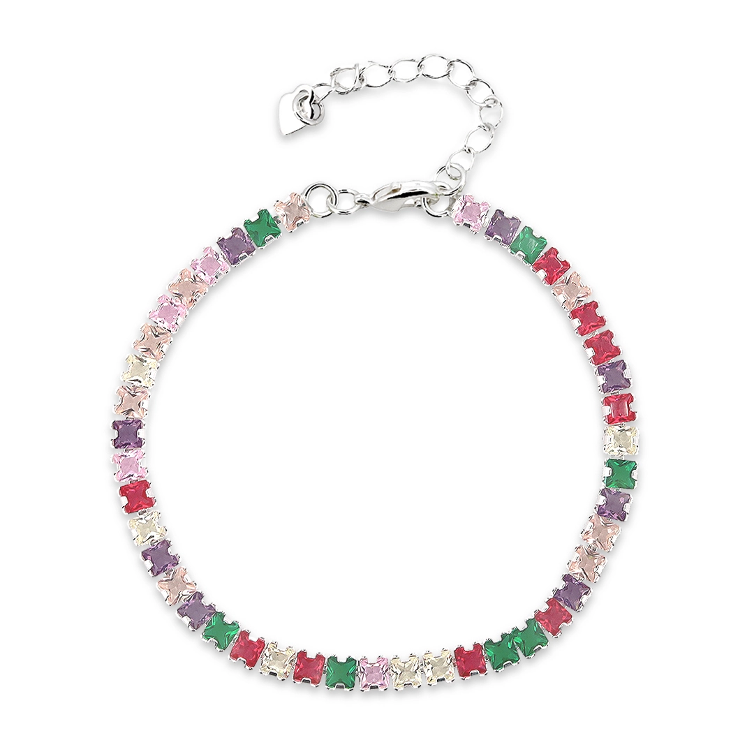 Pulseira de Prata Leve Riviéra Com Zircônia Colorida Quadrada 
