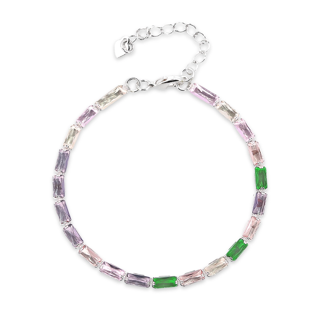 Pulseira de Prata Leve Riviéra com Zircônia Retangular Colorida  