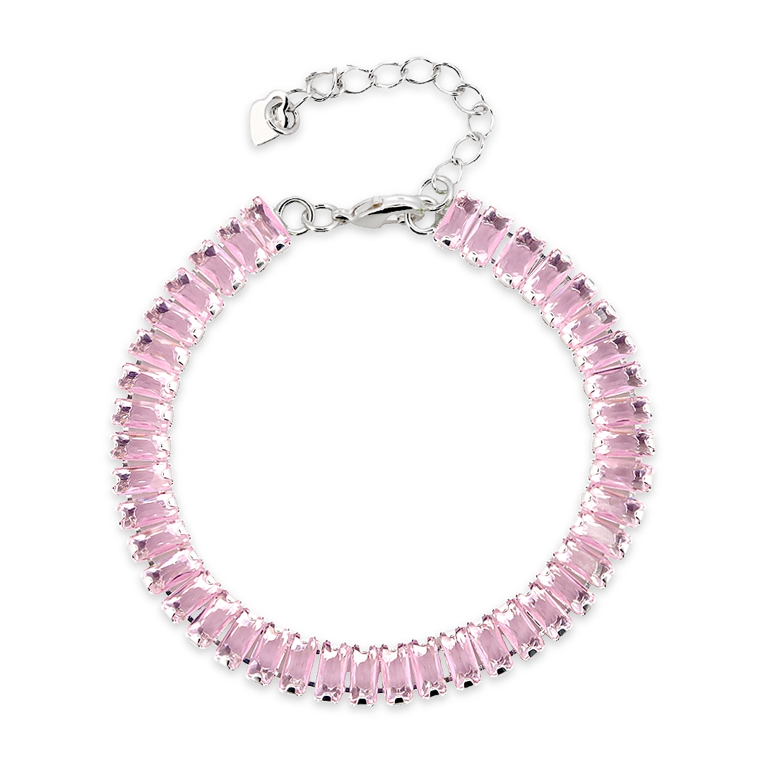 Pulseira de Prata Leve Riviéra com Zircônia Rosa Retangular 