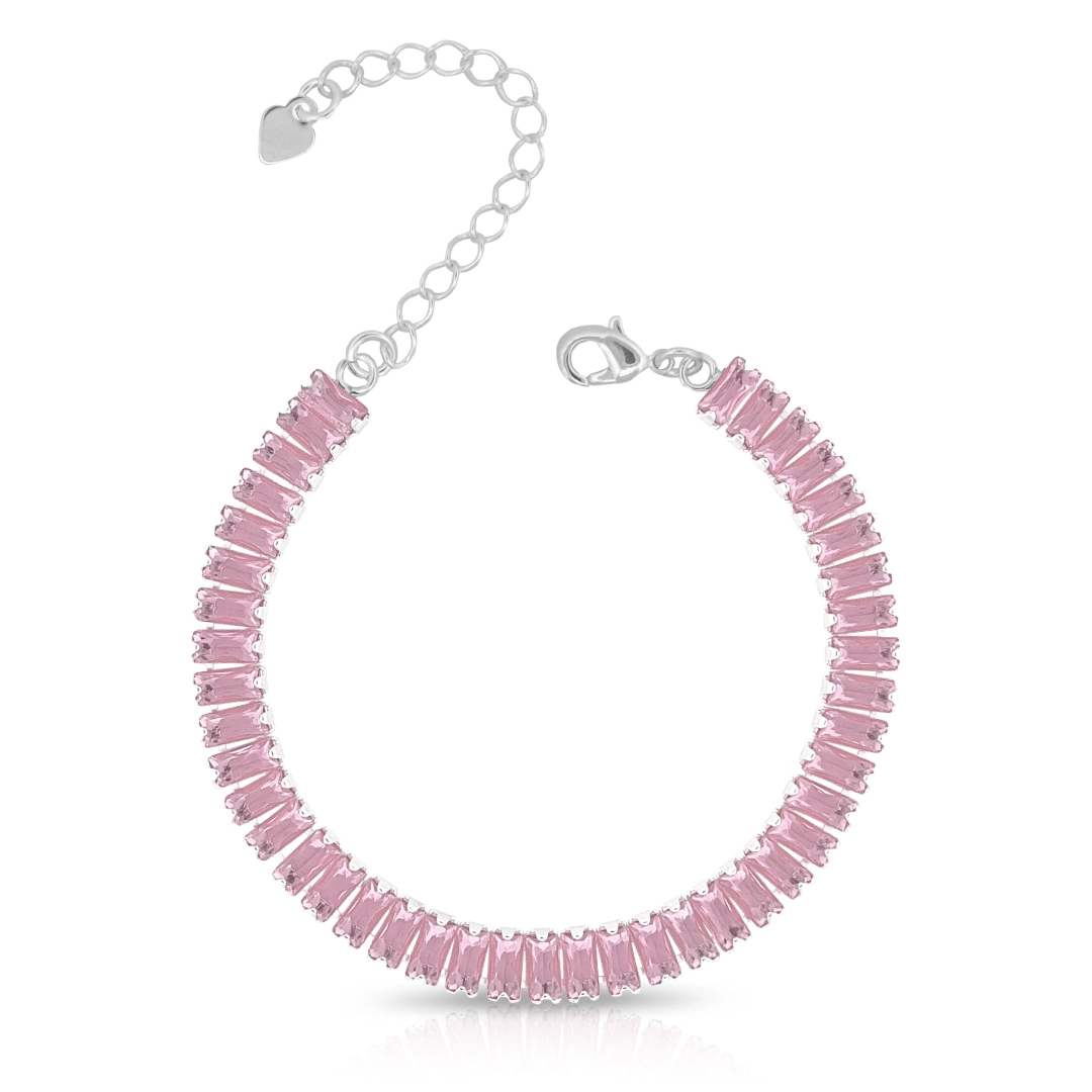 Pulseira De Prata Leve Riviera Com Zircônias Rosa