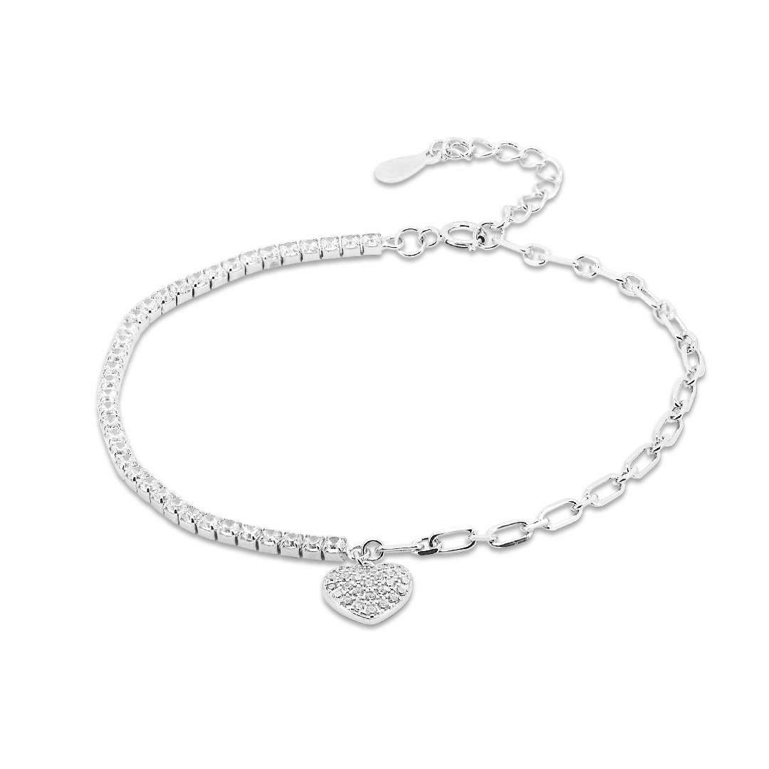 Pulseira de Prata Riviéra com Coração e Zircônias Cristal 