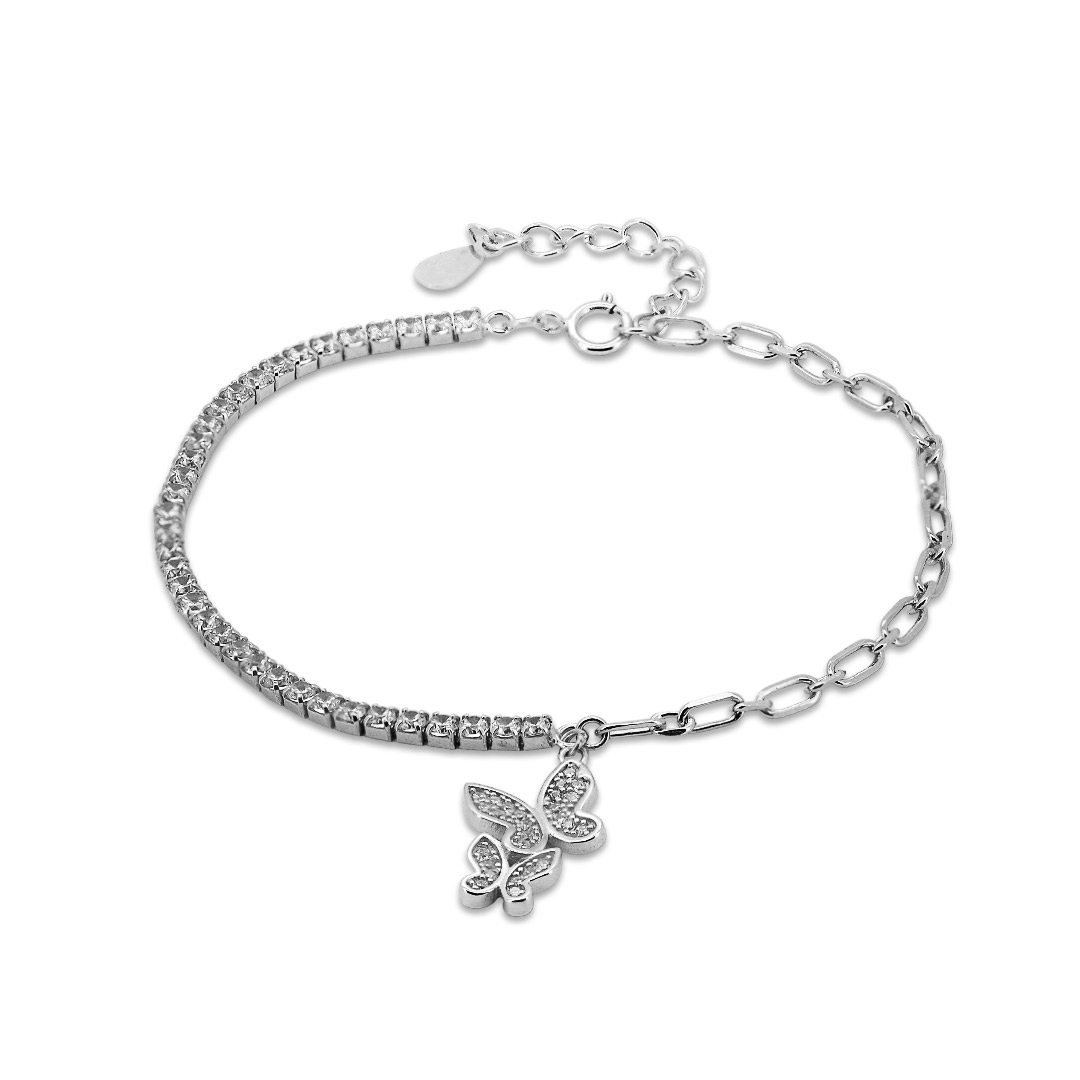 Pulseira de Prata Riviéra com Elos Espelhados e Borboleta de Zircônia Cristal 