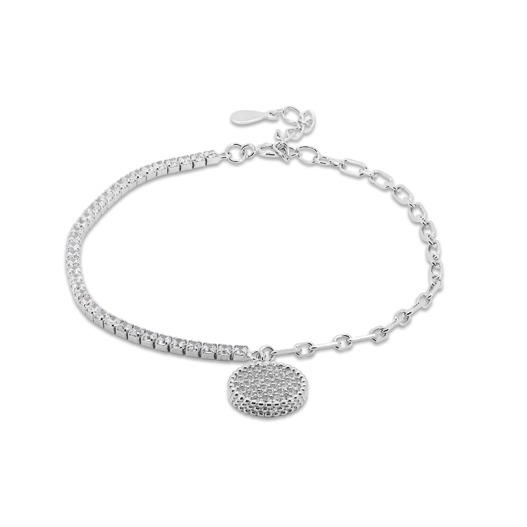 Pulseira de Prata Riviéra com Elos Espelhados e Zircônias Cristal