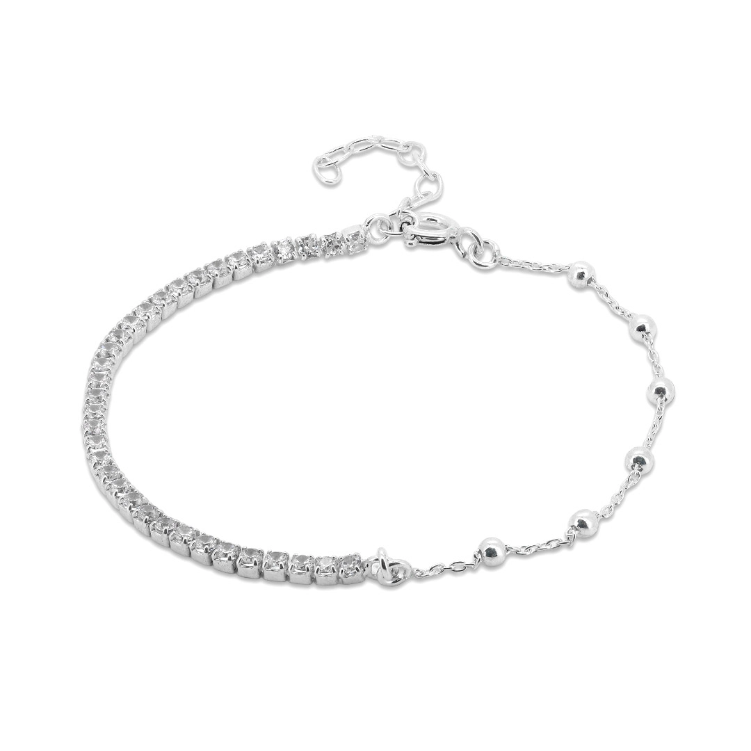 Pulseira de Prata Riviéra com  Zircônias Cristal e Esferas Espelhadas 