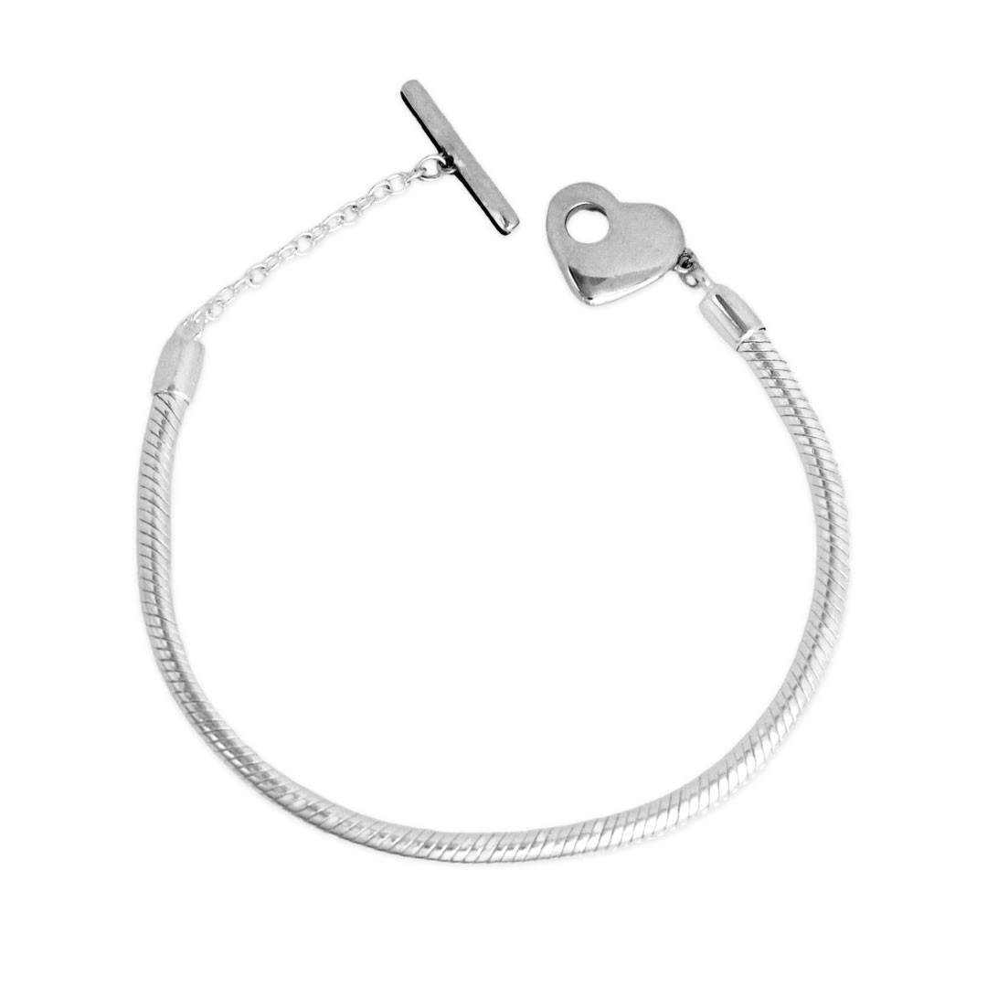 Pulseira de Prata para Berloques Conduíte com Fecho de Coração 16 CM