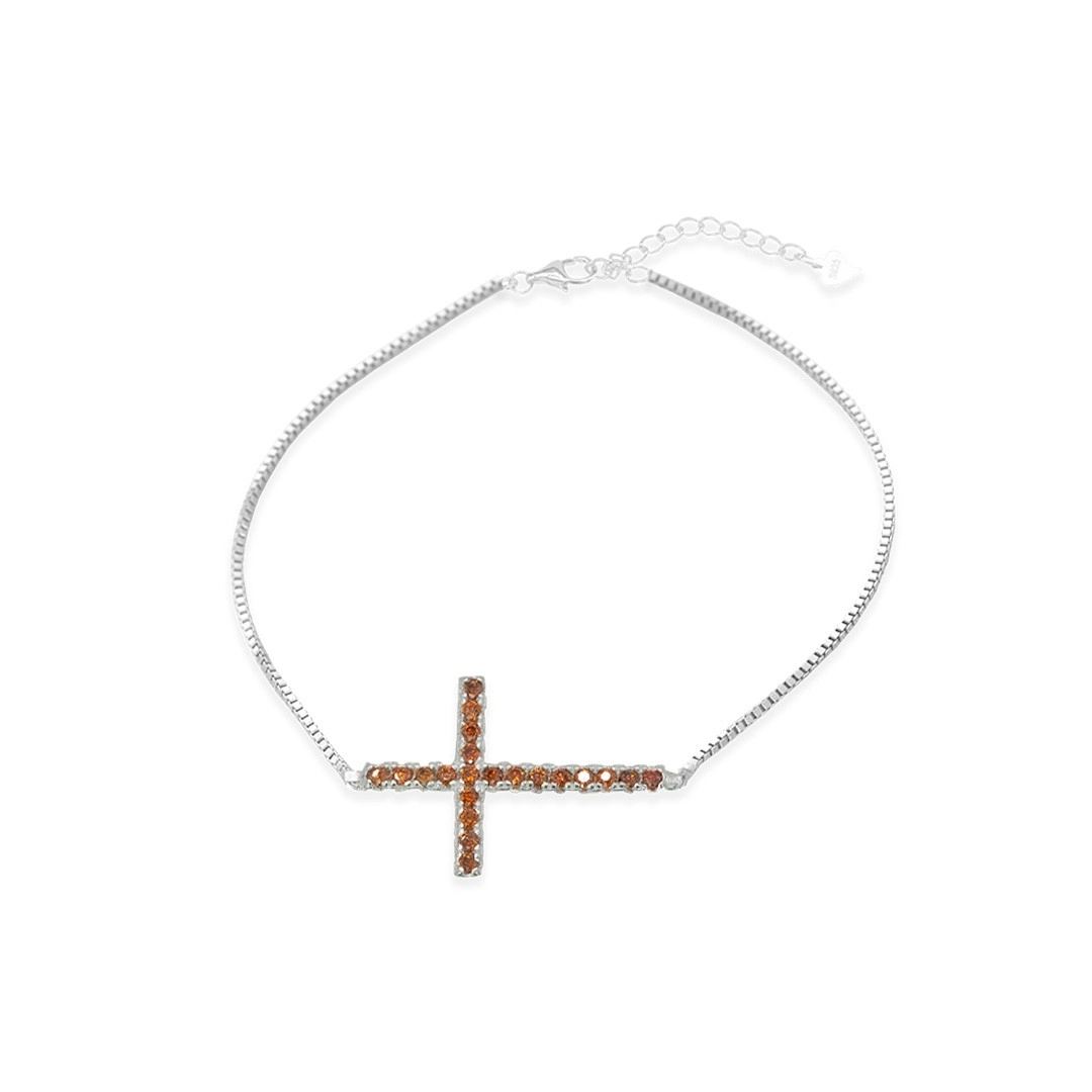 Pulseira de Prata Veneziana com Cruz de Zircônia Laranja